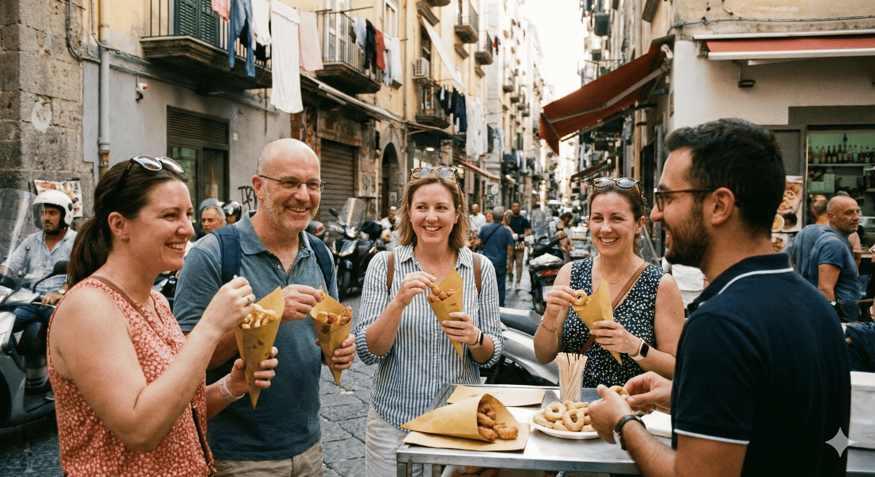 Persone che mangiano street food tipico nel centro storico.