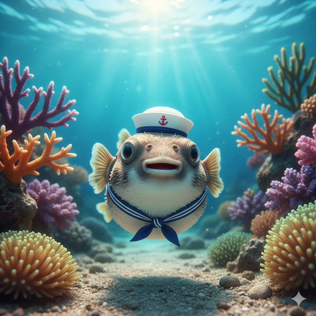 Pesce palla che porta un cappello da marinaio e una sciarpa a righe bianche e blu.