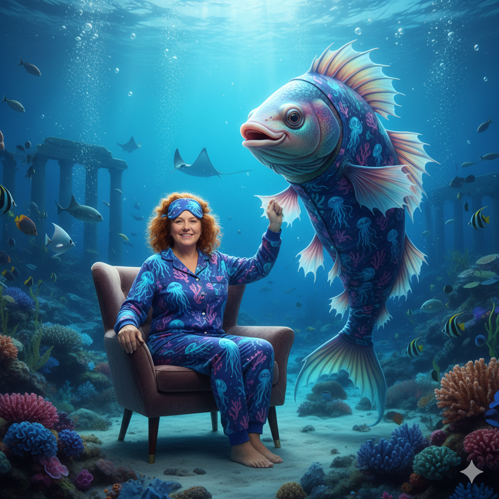 Una persona e un pesce indossano pigiami con fantasie di meduse e pesci sui toni del blu e del viola.