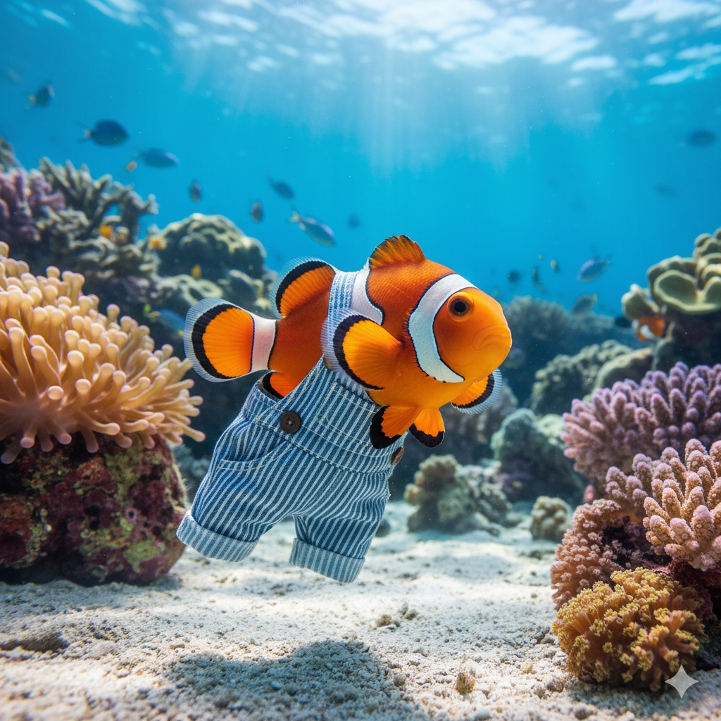 Pesce pagliaccio che indossa una salopette in denim.