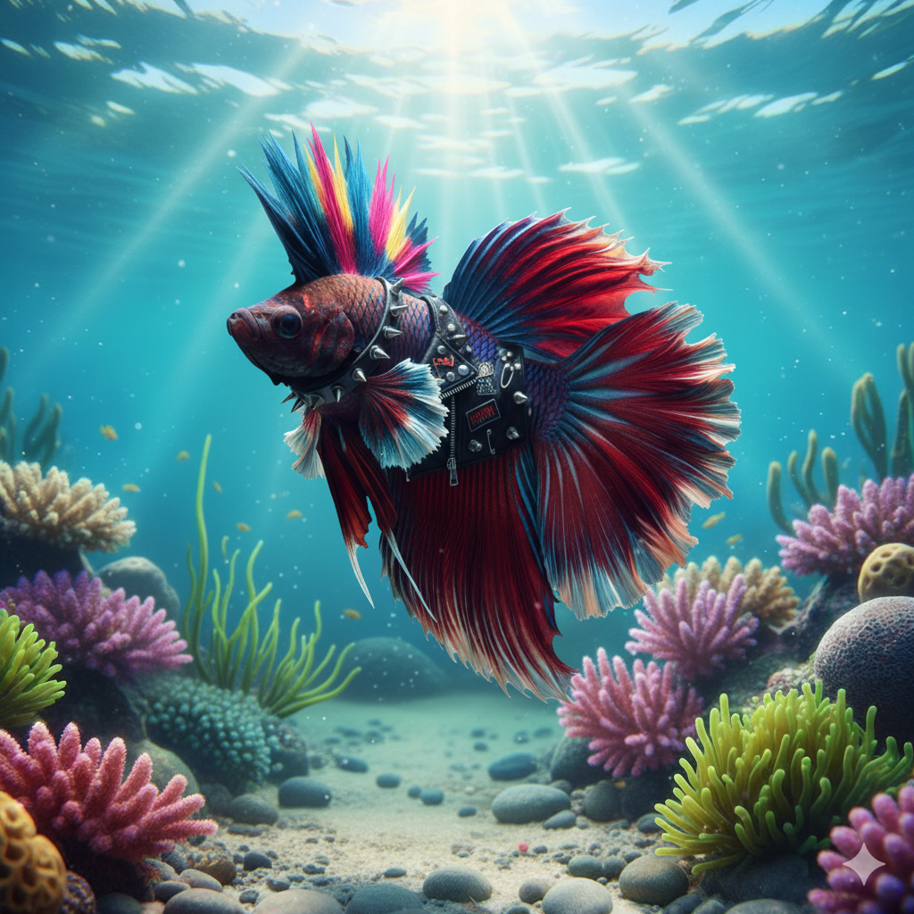 Pesce Betta che indossa una cresta colorata, collare borchiato e giubbotto di pelle.