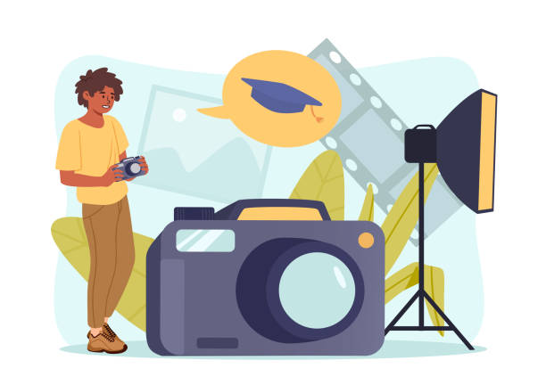 Persona con macchina fotografica accanto a grande fotocamera e luci da studio. 