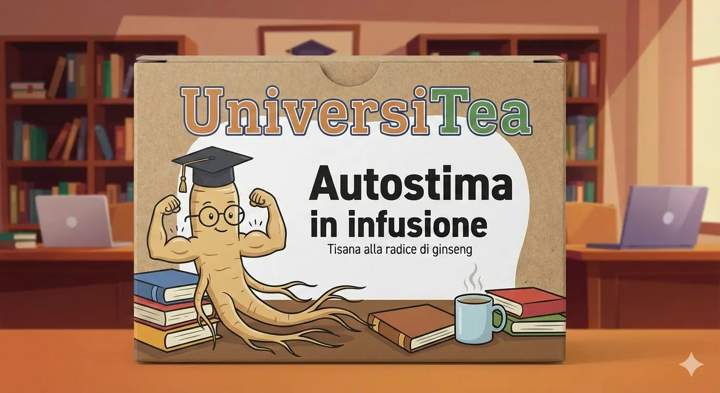 Confezione di bustine del tè Autostima in infusione, la confezione raffigura una radice di ginseng antropomorfa con un cappello da laureando