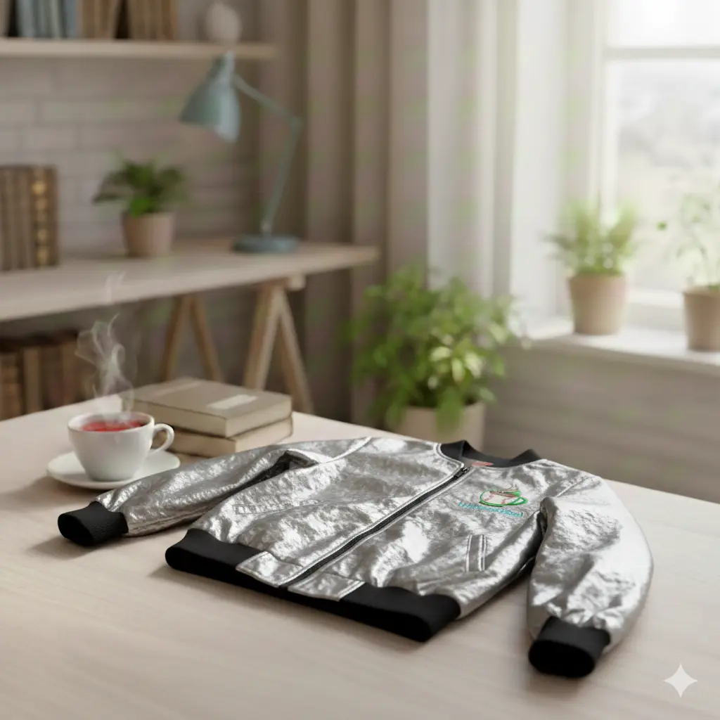 Giubboto in stile bomber di colore grigio metallizzato, sulla parte in alto a sinistra è presente il logo universitea, con una pallina da baseball inserita all'interno di una tazza di tè.