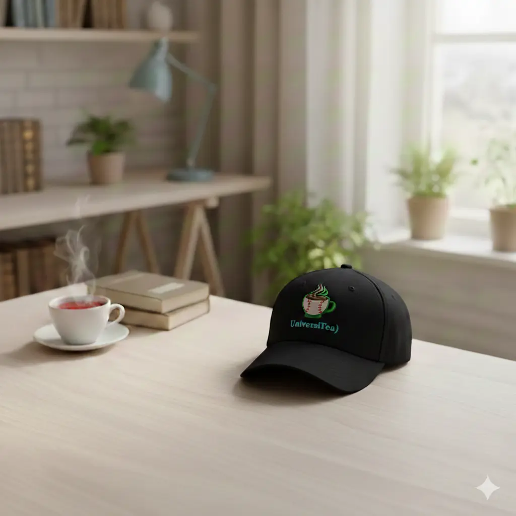 Cappello con frontino nero, con il logo universitea rappresentato da una pallina inserita dentro una tazza di tè.