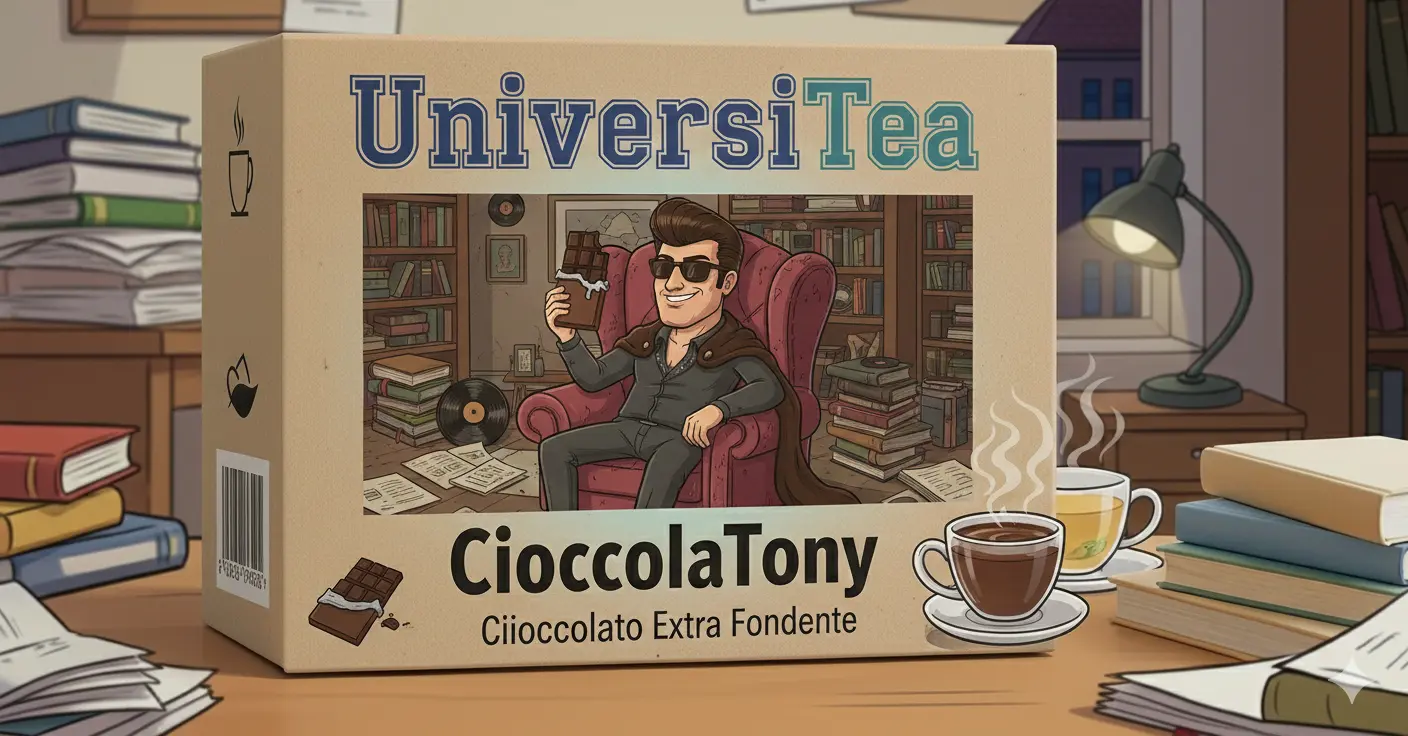 Confezione di cioccolato Cioccolatony, la scatola raffigura un ragazzo sorridente con una barretta di cioccolato in mano.