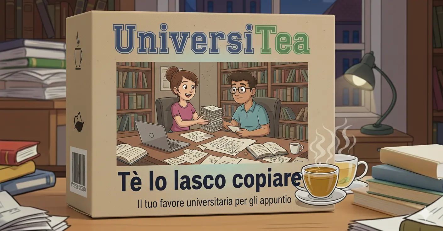Confezione del servizio universitario di copiatura appunti. L'immagine raffigura un ragazzo intento a fornire i suoi appunti ad un compagno.