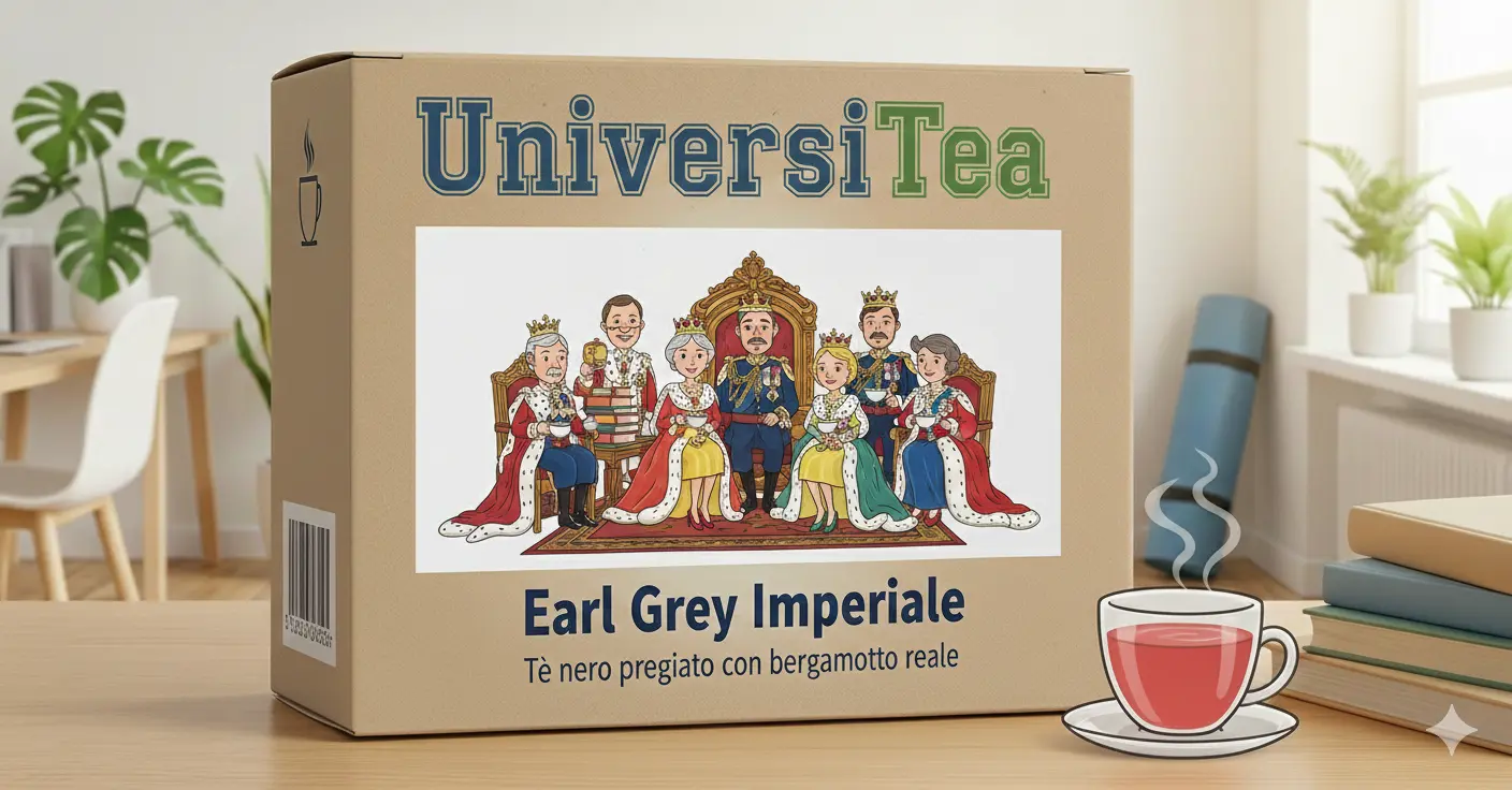 Confezione di bustine di tè nero. La confezione raffigura la famiglia reale britannica