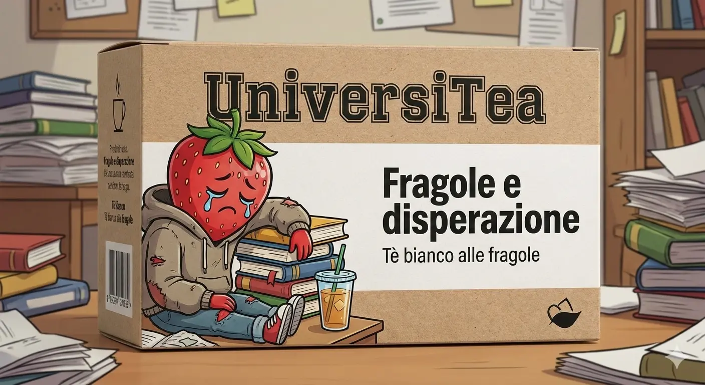 Confezione di bustine del tè Fragole e disperazione, la confezione raffigura una fragola antropomorfa molto triste