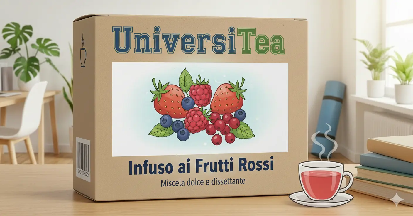 Confezione di bustine di infuso ai frutti rossi, la confezione raffigura dei frutti rossi
