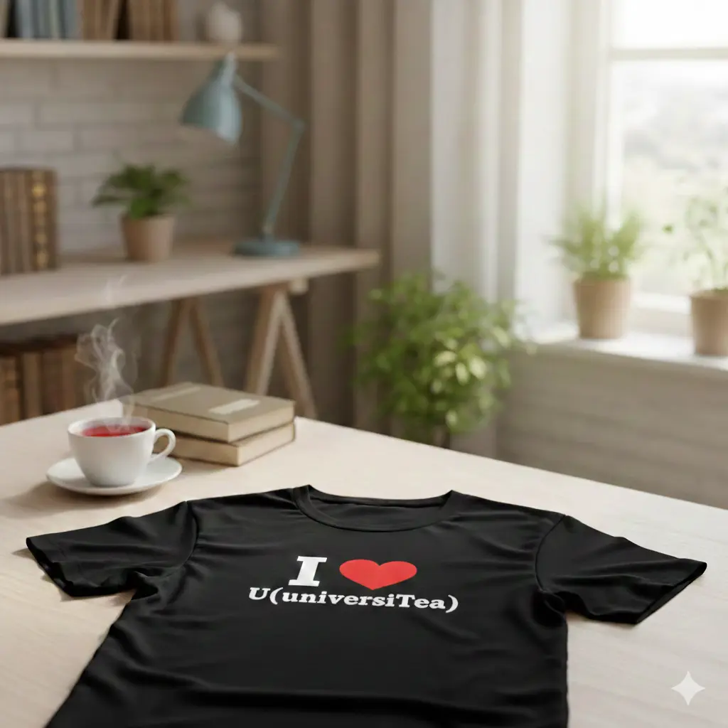 Maglietta nera con un cuore rosso e scritta bianca.