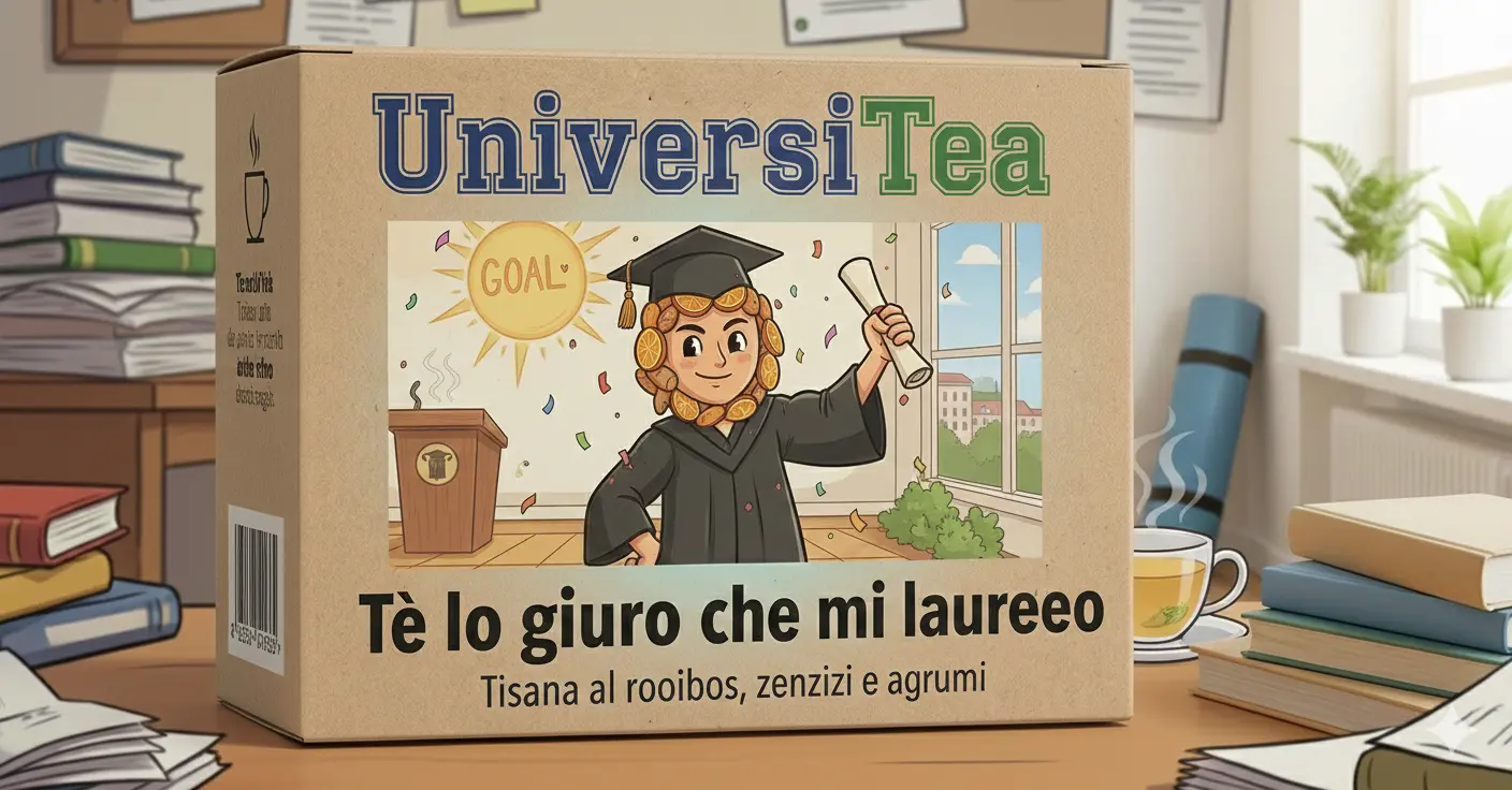 Confezione di bustine del tè Telogiuro che mi laureo, la confezione raffigura un ragazzo appena laureato molto soddisfatto.