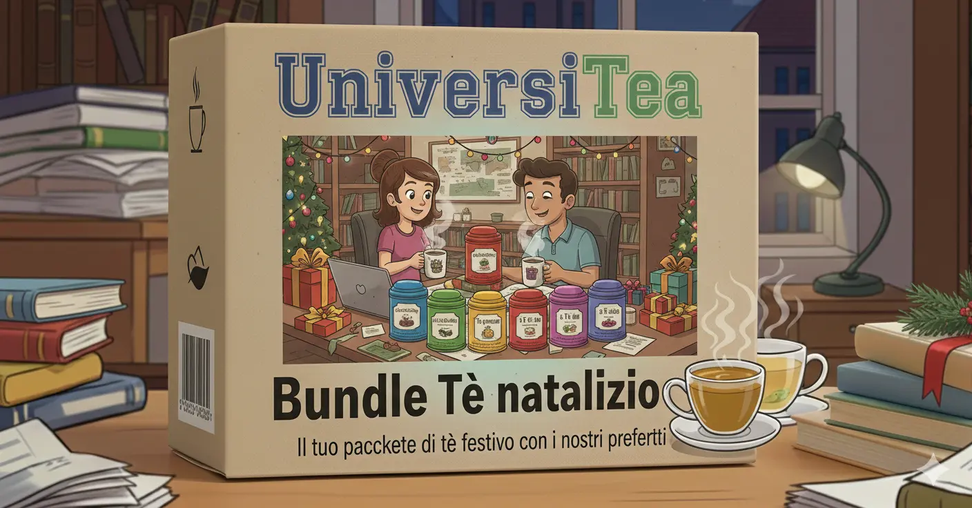 Confezione del bundle di tè natalizi. La confezione raffigura due ragazzi sorridenti, con in primo priano una scatola con molti tè.
