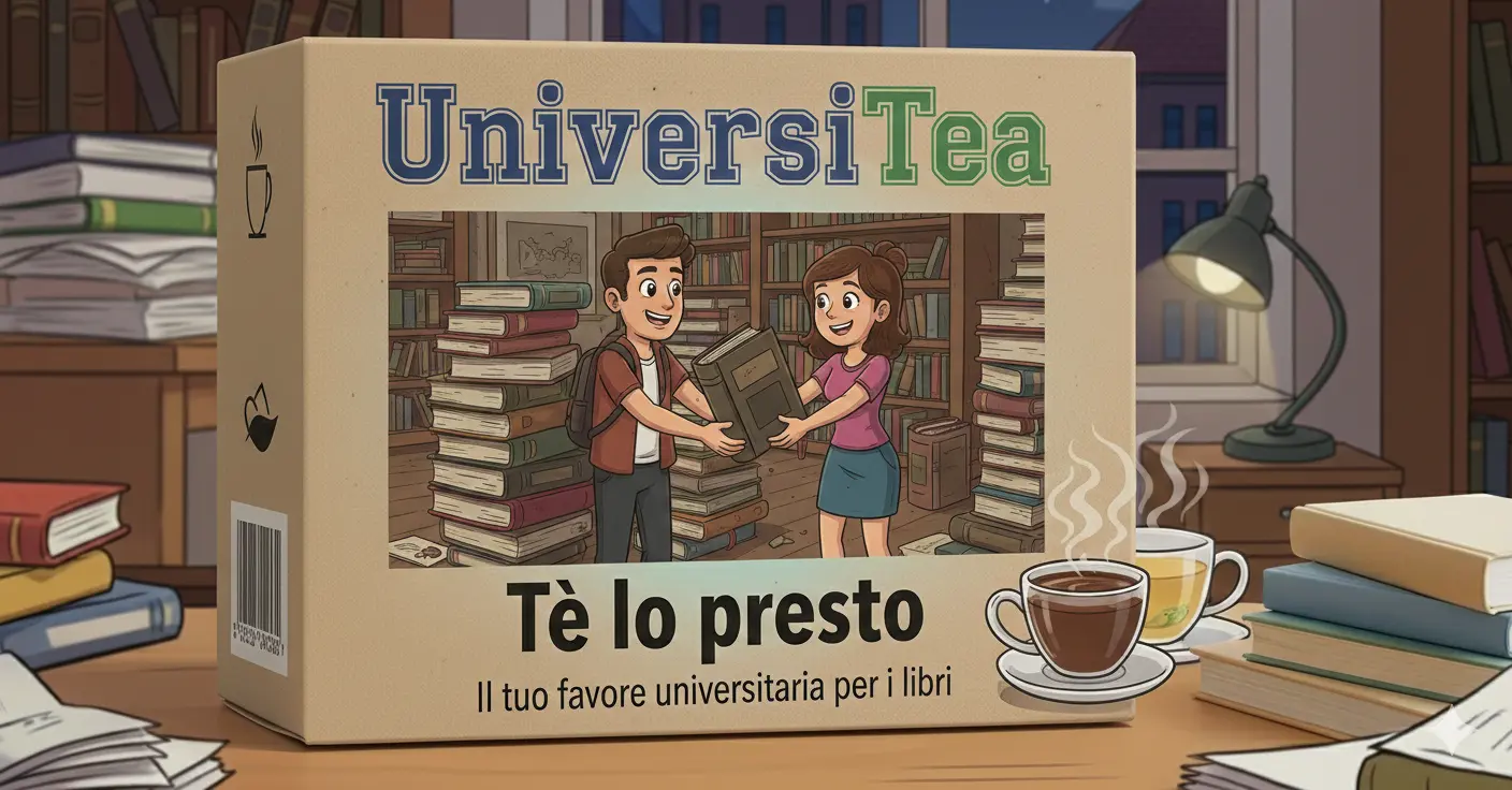 Confezione del servizio universitario "Te lo presto", la confezione raffigura uno studente che presta un libro al suo collega.