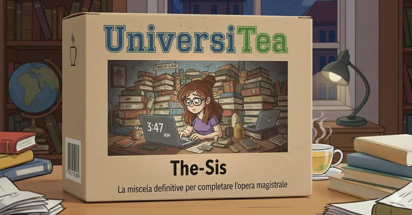 Confezione di bustine di te Thesis, la confezione raffigura una ragazza concentrata sul pc