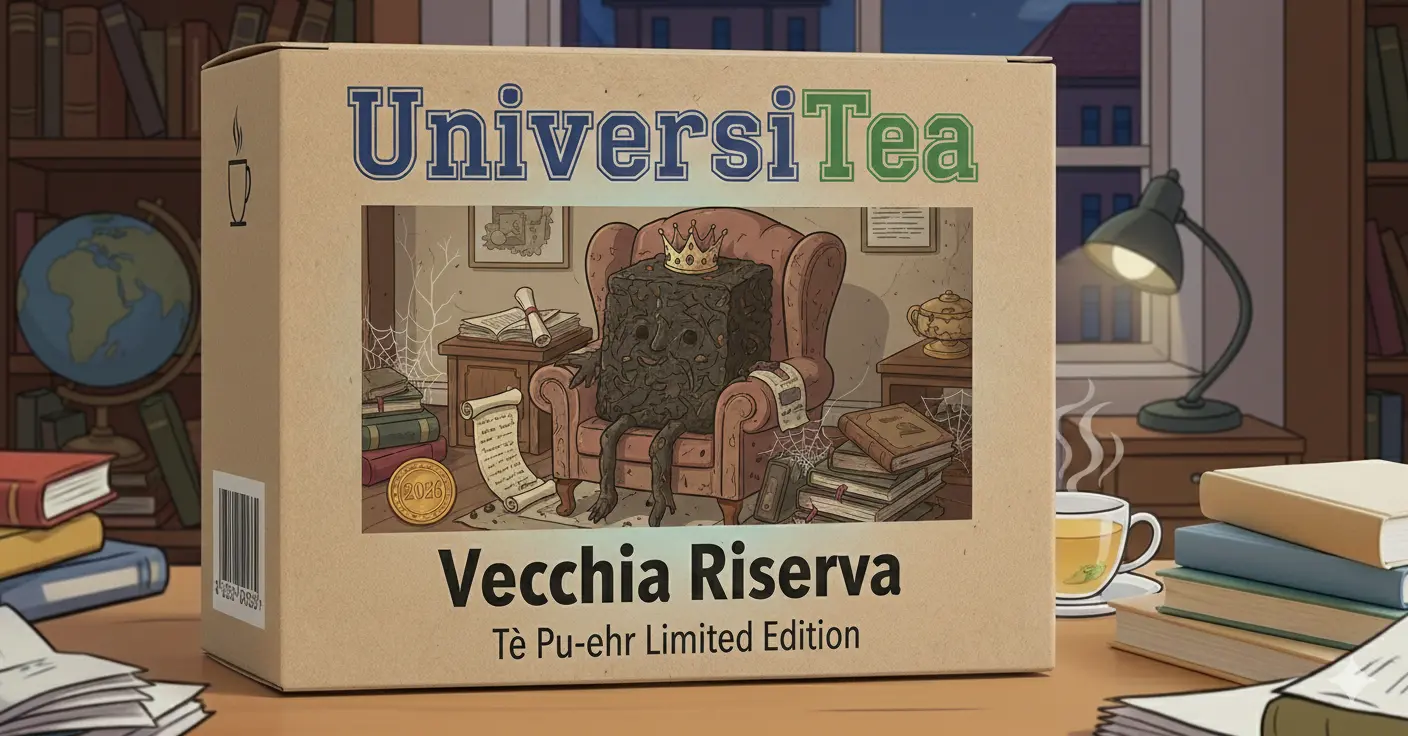 Confezione di bustine del tè vecchia riserva, la confezione raffigura un cubetto di tè nero antropomorfo seduto su una comoda poltrona